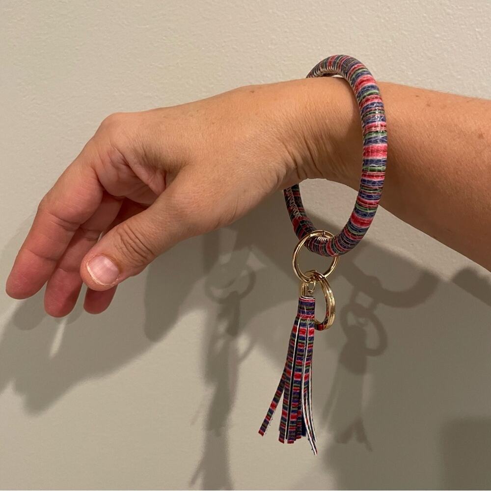 Faux Leather Key Ring Bangle Wristlet Tassel Colorful Gold NWOT